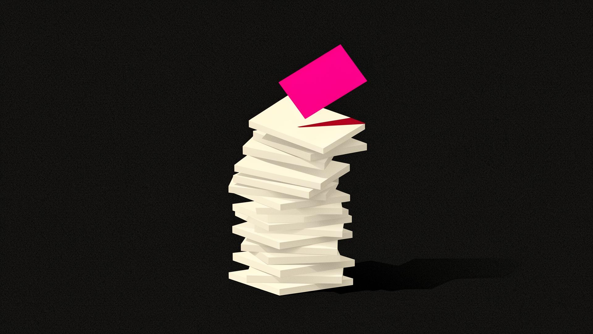 Stack of dusty strategy documents tied with rope, pierced by a bright execution arrow.