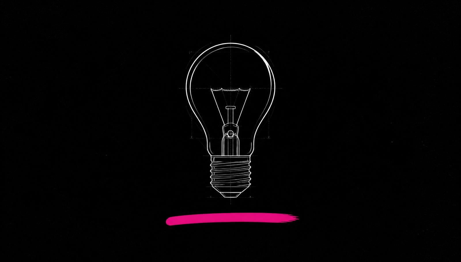 A white architectural line drawing of a lightbulb on black with a single magenta underline stroke beneath it.